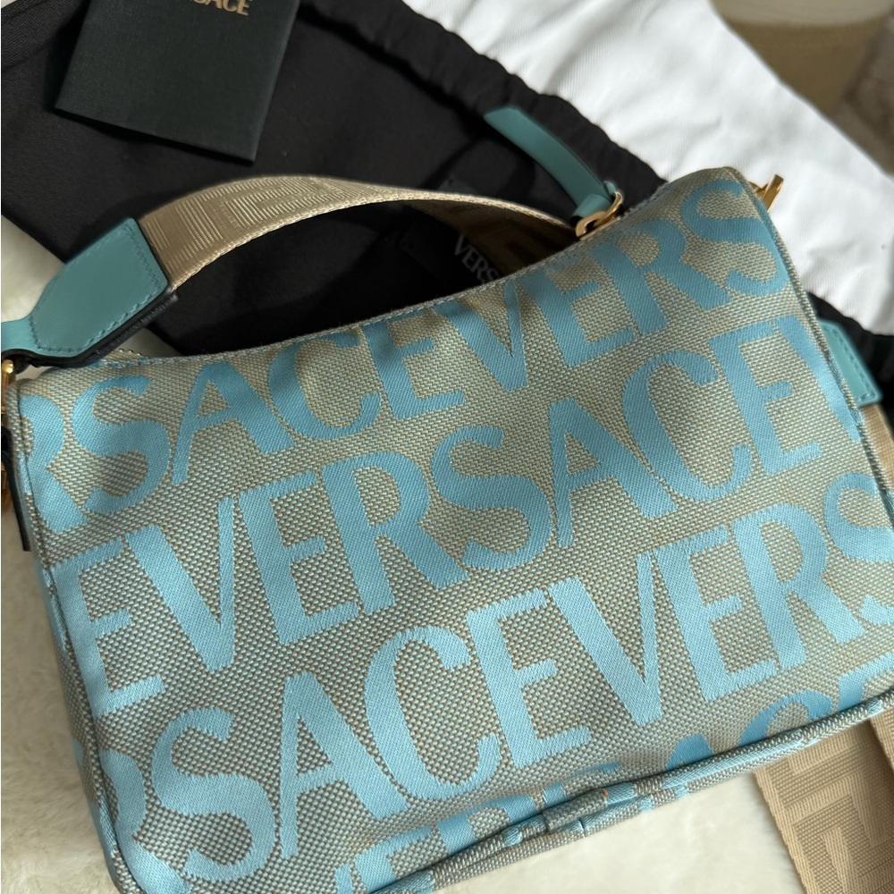 Versace Sky Blue Logo Crossbody Bag with Gold Chain - Picture 6 of 13
